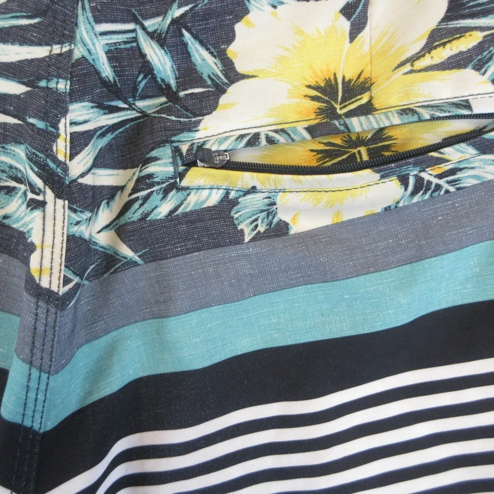 Palmwave Board Shorts Men 32 Gray Teal Floral Striped Pockets Stretch‎ Surf Swim